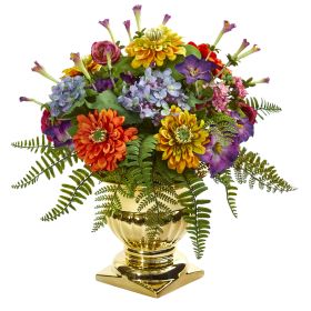 Mixed Floral Artificial Arrangement in Gold Urn
