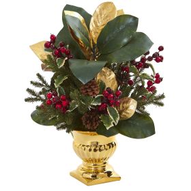 Magnolia Leaf & Holly Berry Artificial in Gold Urn