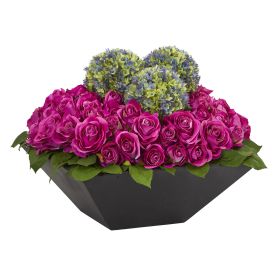 Roses and Ball Flowers Arrangement in Black Vase