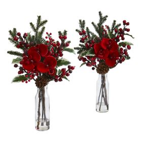 Holly Berry and Orchid Arrangement in Vase (Set of 2)