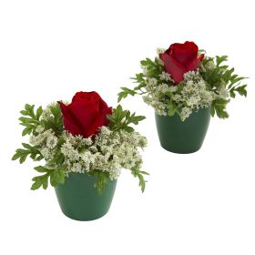 Elegant Rose Arrangement in Green Planter (Set of 2)