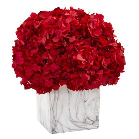 Red Hydrangea Arrangement in Marble Finished Vase