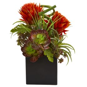 Tropical Flower & Succulent Arrangement in Black Vase