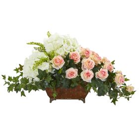Hydrangea & Rose Artificial Arrangement in Planter