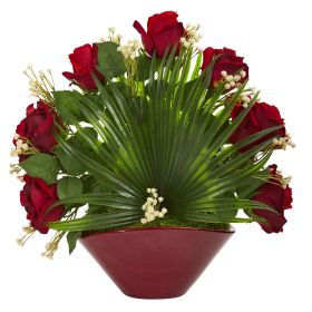 Rose Fan Leaf Artificial Arrangement in Burgundy Vase