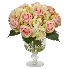 Rose and Hydrangea Artificial Arrangement in Glass Urn