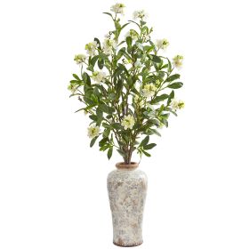 Peach Blossom Artificial Arrangement in Printed Urn