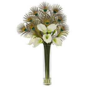 Peacock and Calla Lily Arrangement in Cylinder Glass