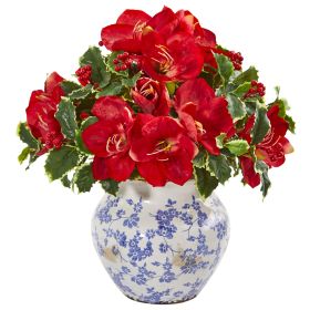 Amaryllis and Holly Leaf Artificial Arrangement