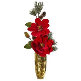 Magnolia and Pine Artificial Arrangement in Gold Vase