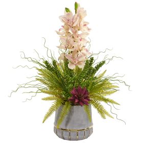 Cymbidium Orchid Succulent and Grass Arrangement
