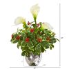 Calla Lilly and Holly Leaf Arrangement in Silver Vase