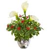 Calla Lilly and Holly Leaf Arrangement in Silver Vase