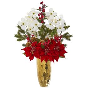 Poinsettia Dogwood Holly Berry and Pine Arrangement