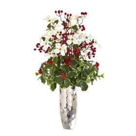 Dogwood and Holly Berry Artificial Arrangement in Vase