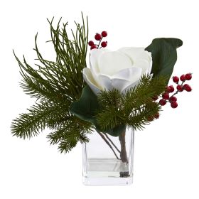Magnolia and Berries in Glass Cube