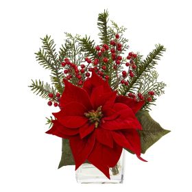 Poinsettia, Pine and Berries in Vase Arrangement