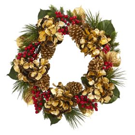 Golden Hydrangea with Berries and Pine Artificial Wreath
