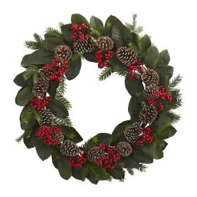 Magnolia Leaf Berry Pine and Pine Cone Wreath