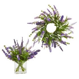 Lavender Arrangement and 14" Lavender Wreath (Set of 2)