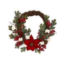 Poinsettia with Berries and Cotton Artificial Wreath