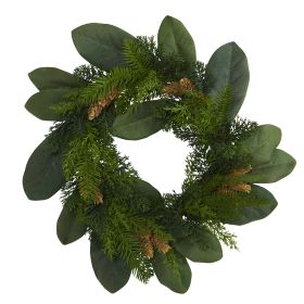 Magnolia Leaf and Mixed Pine Wreath with Pine Cones