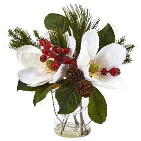 Magnolia Pine and Berry in Glass Vase