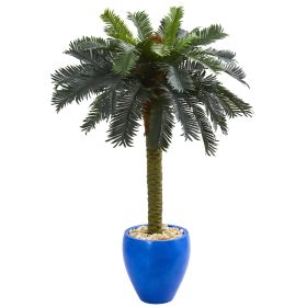 Sago Palm Artificial Tree in Glazed Blue Planter