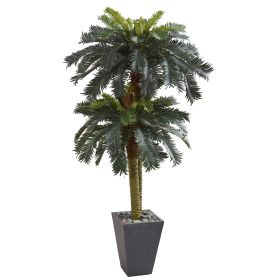 Double Sago Palm Artificial Tree Slate Finished Planter