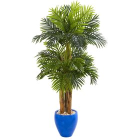Triple Areca Palm Artificial Tree in Glazed Blue Planter