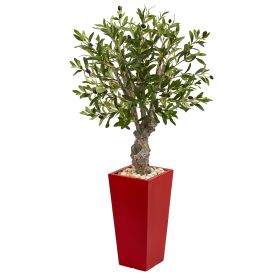 Olive Artificial Tree in Red Tower Planter