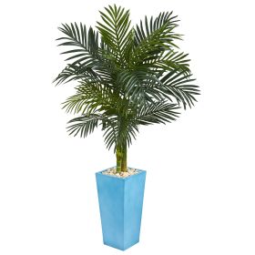 Golden Cane Palm Artificial Tree in Turquoise Tower Vase