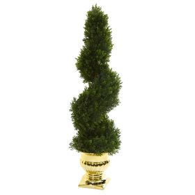 Cedar Topiary Tree in Gold Urn (Indoor/Outdoor)