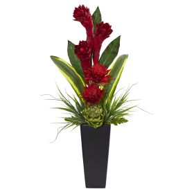 Ginger and Artichoke Tropical Arrangement in Black Vase