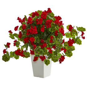 Geranium Plant in White Tower Planter