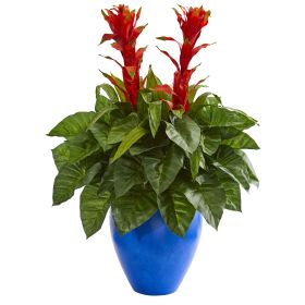Bromeliad & Taro Artificial Plant in Blue Planter