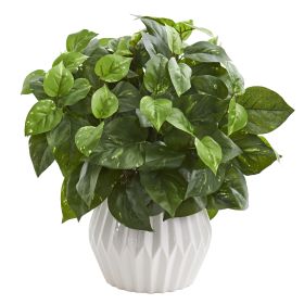 Pothos Artificial Plant in White Ceramic Vase