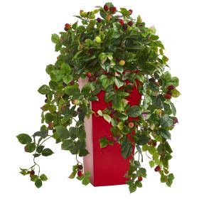 Rasberry Artificial Plant in Red Tower Planter