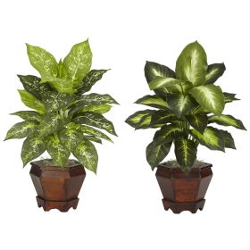 Golden Dieffenbachia w/Wood Vase Silk Plant