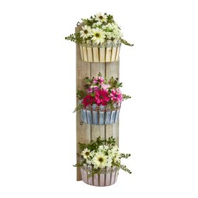 Mixed Daisy Plant in Three Tie Red Wall Decor Planter