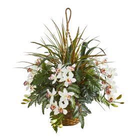 Cymbidium & Mixed Greens Artificial Plant Hanging Basket