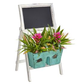 Bromeliad and Grass Plant in Stand with Chalkboard