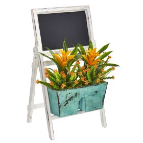 Bromeliad and Succulent Plant in Stand with Chalkboard