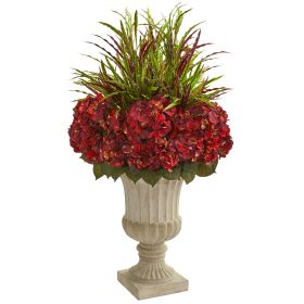 Hydrangea & Grass Artificial Plant in Stone Urn