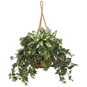 Silver Queen and Ivy Artificial Plant in Hanging Basket
