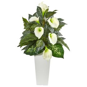 Calla Lily and Mixed Greens Plant in White Vase