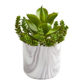 Aloe and Sedum Succulent Artificial Plant in Marble Vase