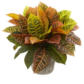 Croton Plant in Weathe Red Oak Planter (Real Touch)
