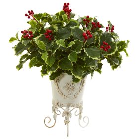 Variegated Holly lant in Metal Planter (Real Touch)