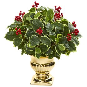 Holly Leaf Artificial Plant in Gold Urn (Real Touch)